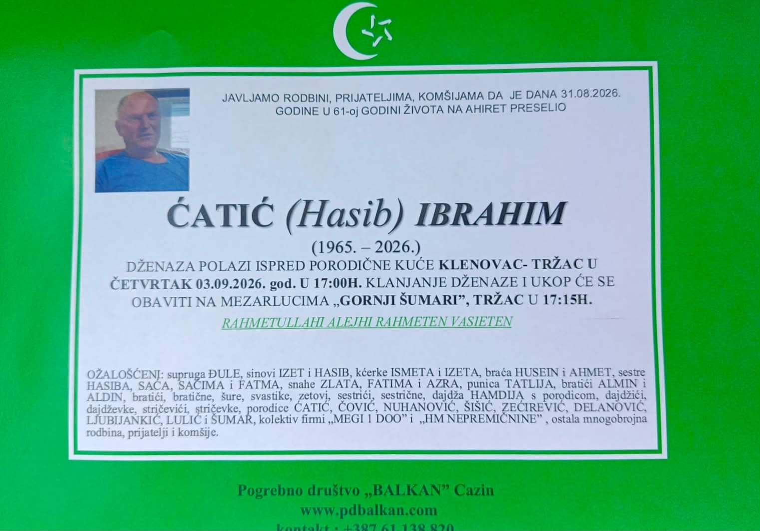 S tugom obavje&scaron;tavamo: Na Ahiret preselio Ćatić (Hasib) Ibrahim