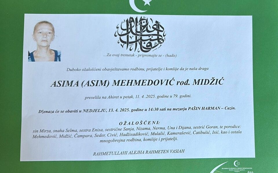 Na ahiret preselila Asima (rođ. Midžić) Mehmedović