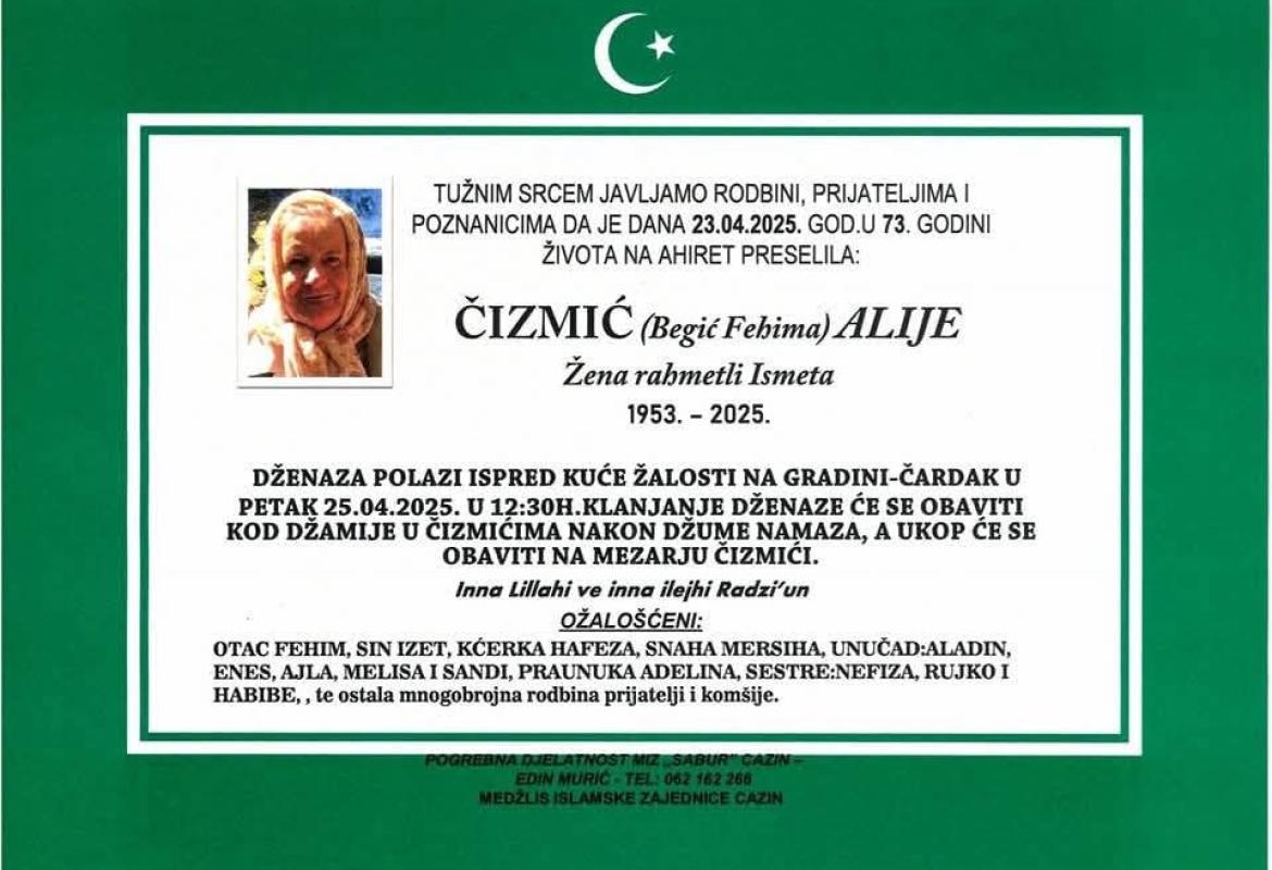 Na ahiret preselila ČIZMIĆ (Begić Febima) ALIJE