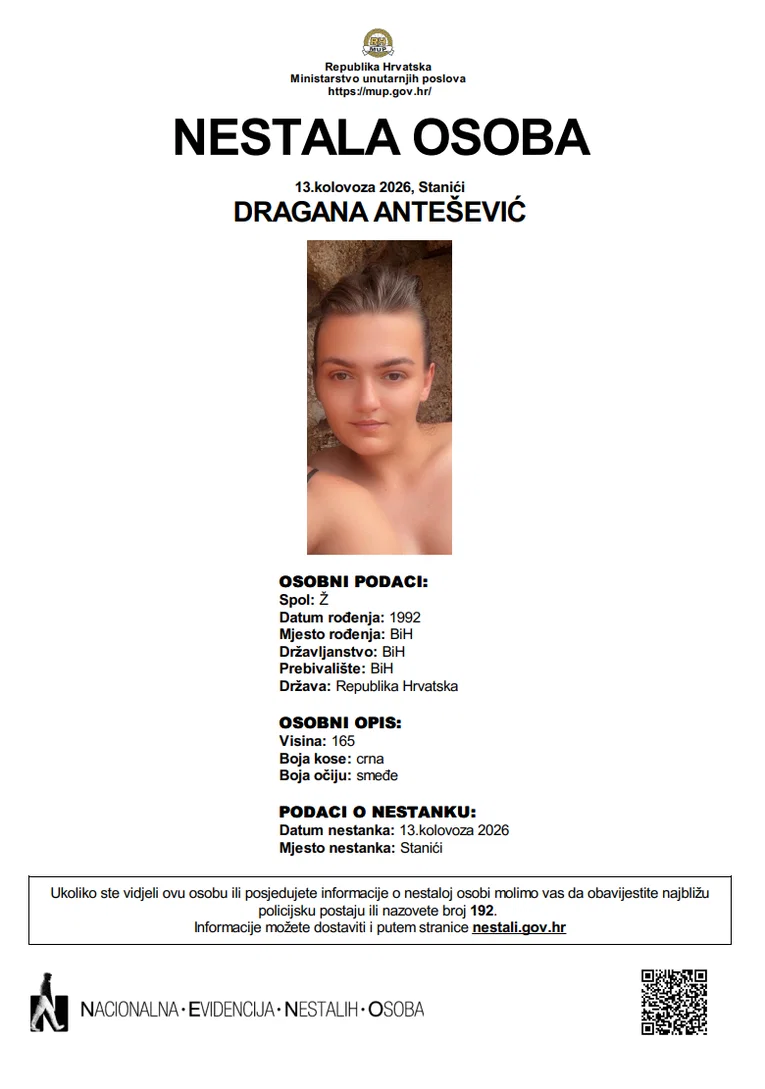 Objava hrvatske policije o nestaloj državljanki BiH