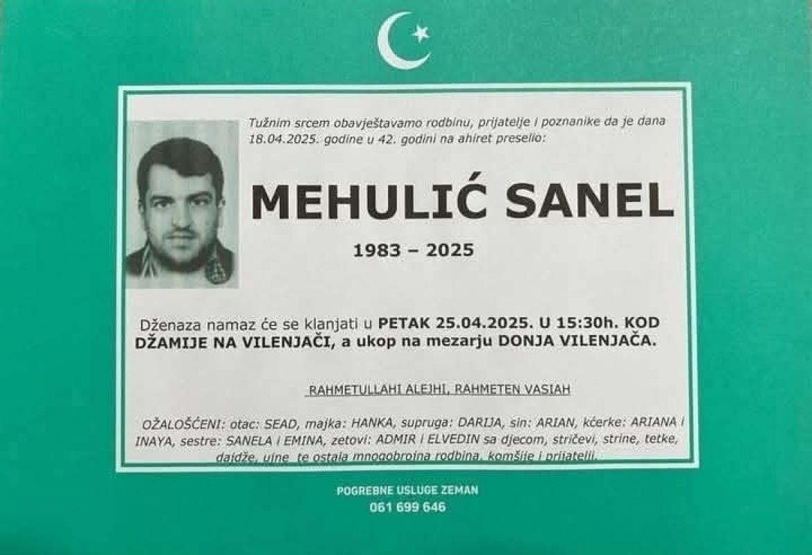 Na ahiret preselio MEHULIĆ SANEL 