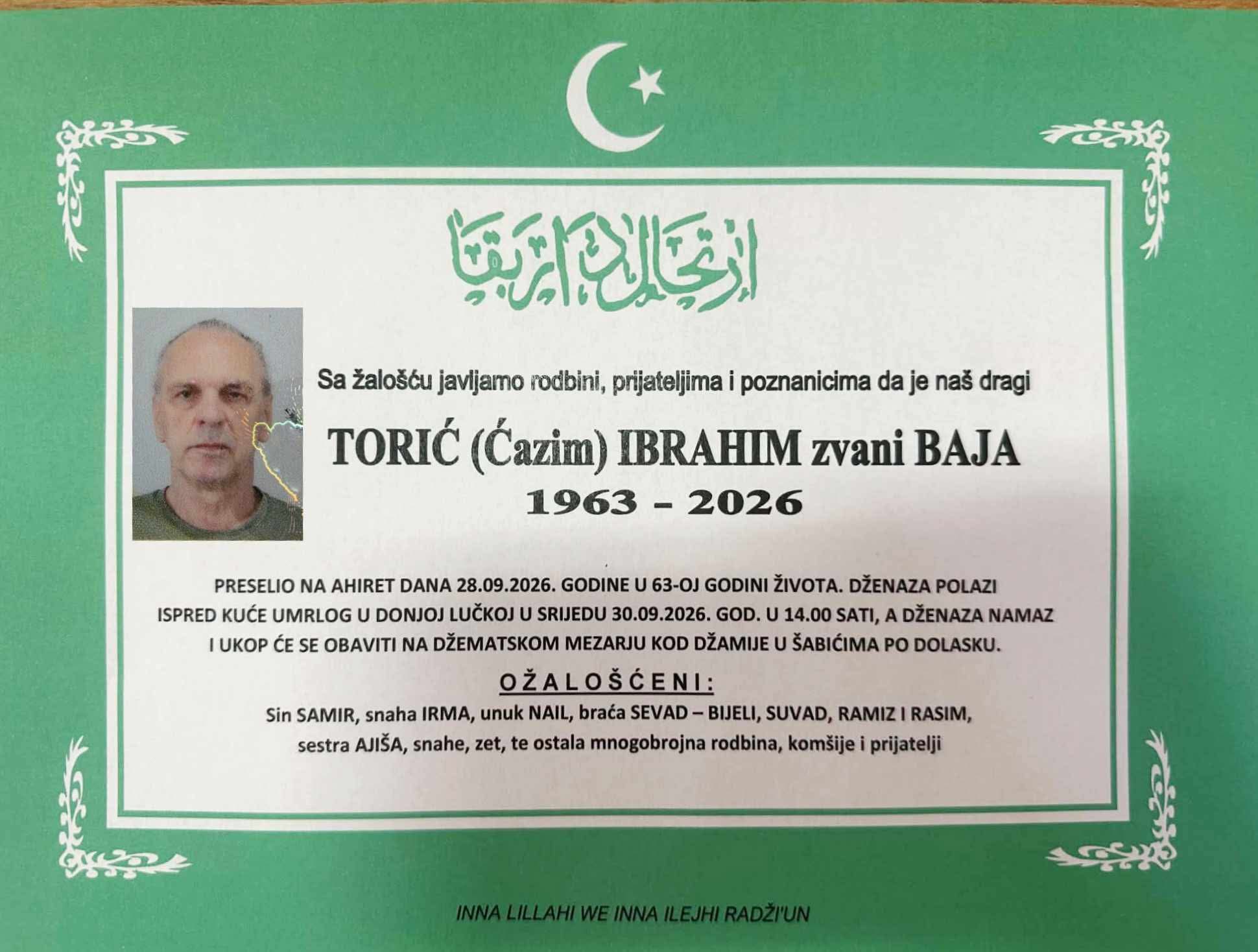 S tugom obavje&scaron;tavamo: Na Ahiret preselio Torić (Ćazim) Ibrahim zvani Baja