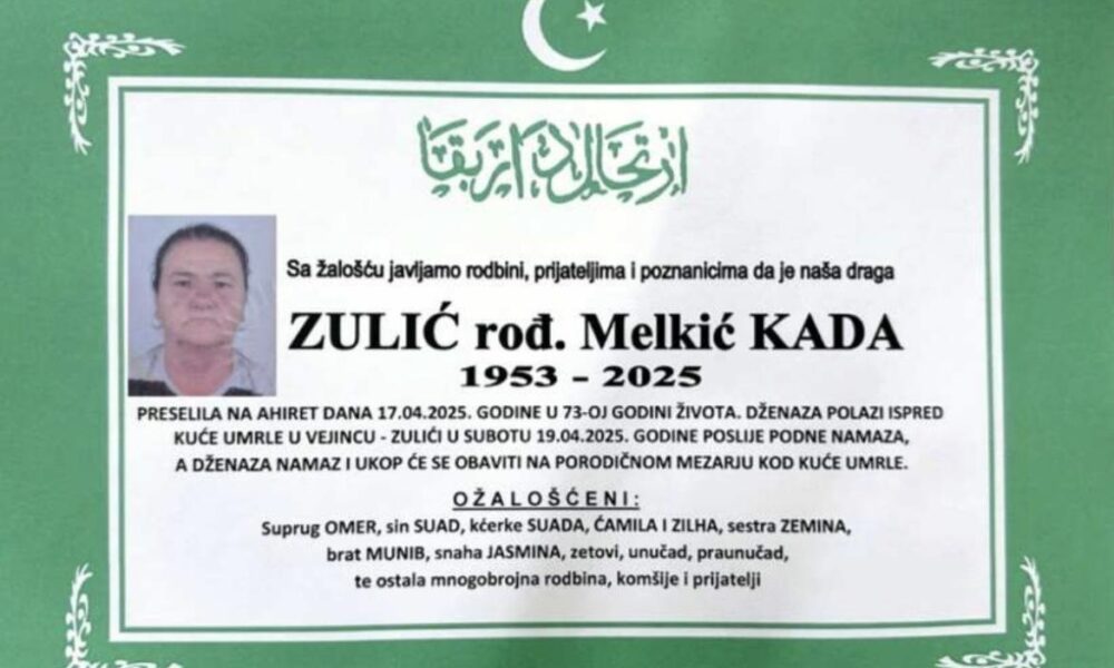 Na ahiret preselila Zulić (rođ. Melkić) Kada