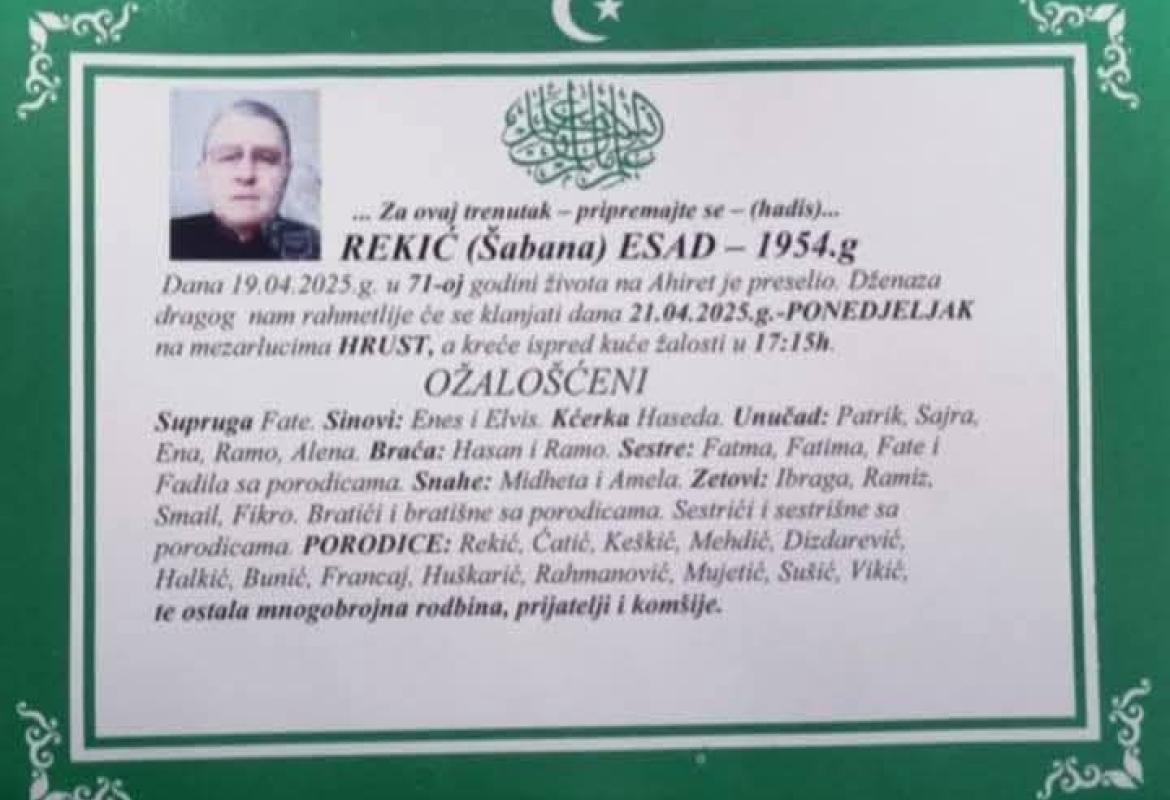 Na ahiret preselio REKIĆ (&Scaron;abana) ESAD