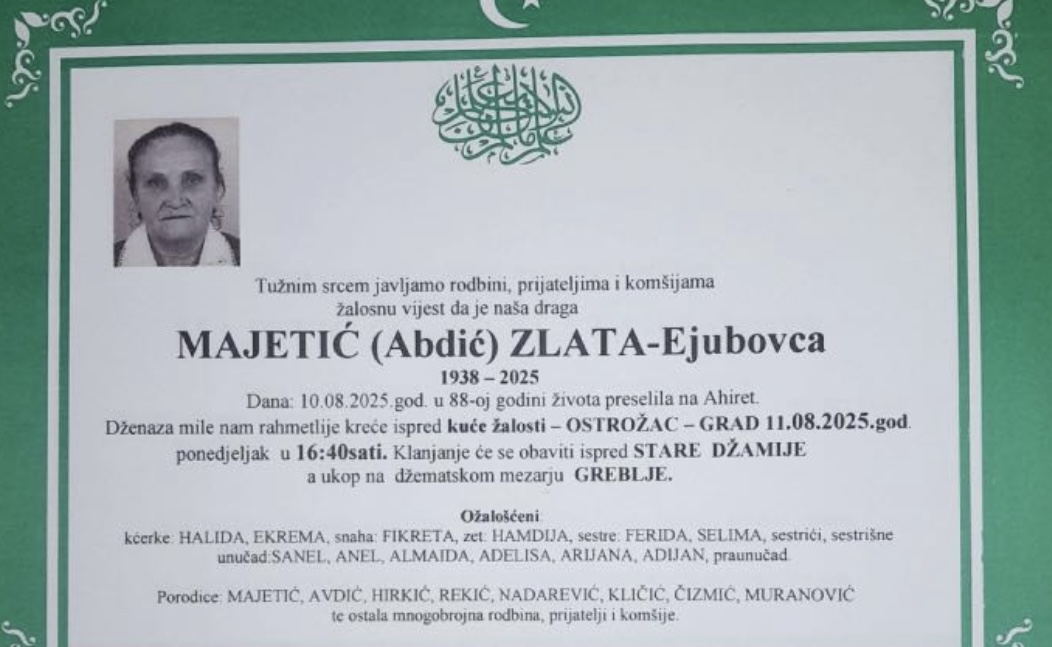 Na Ahiret preselila Majetić (Abdić) Zlata &ndash; Ejubovca | Cazin.NET