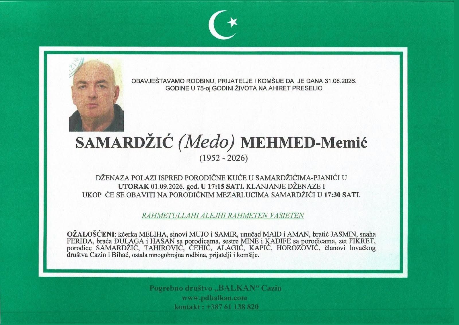 S tugom obavje&scaron;tavamo: Na Ahiret preselio Mehmed Samardžić (Medo) Memić