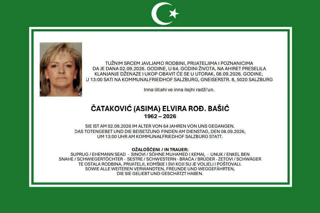 S tugom obavje&scaron;tavamo: Na Ahiret preselila Čataković (Asima) Elvira rođ. Ba&scaron;ić