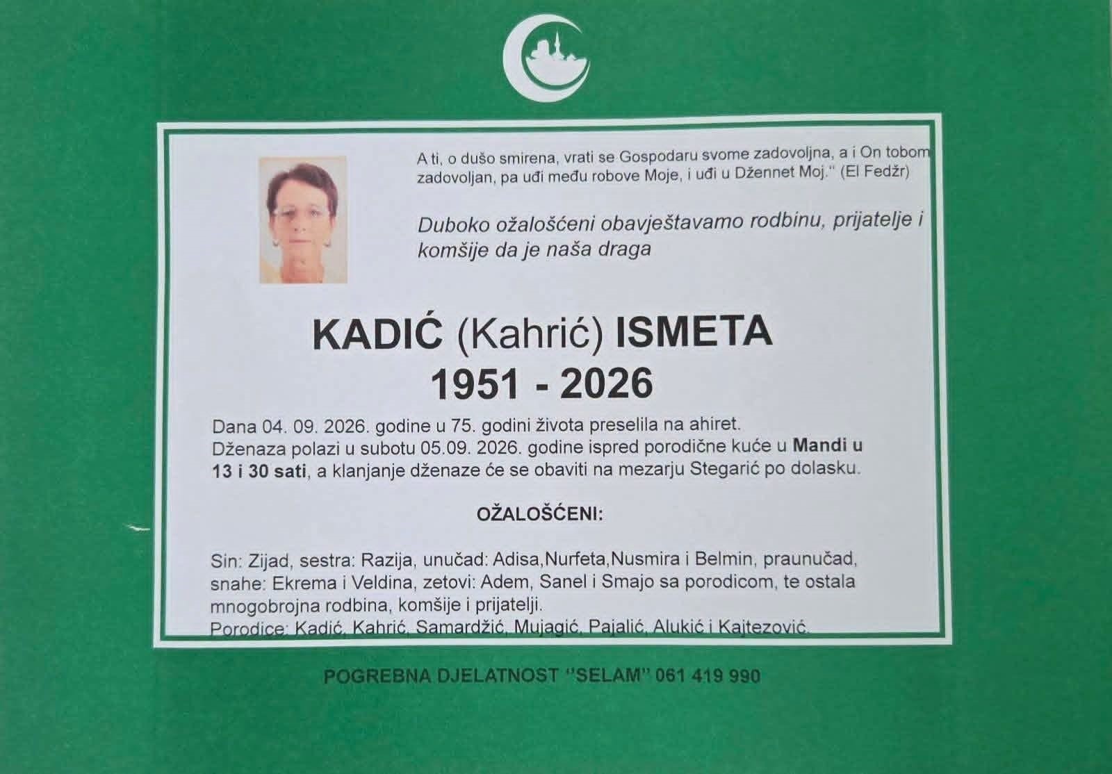 S tugom obavje&scaron;tavamo: Na Ahiret preselila KADIĆ (Kahrić) ISMETA