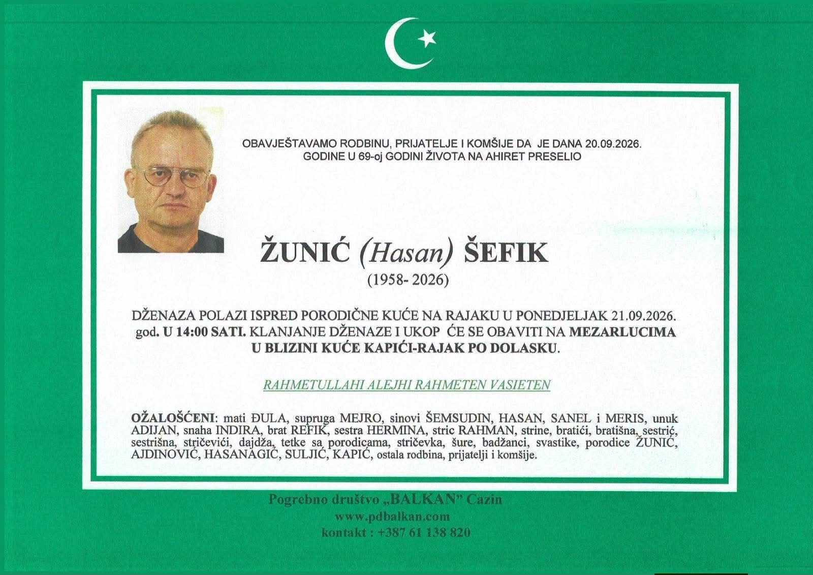 S tugom obavje&scaron;tavamo: Na Ahiret preselio Žunić (Hasan) &Scaron;efik