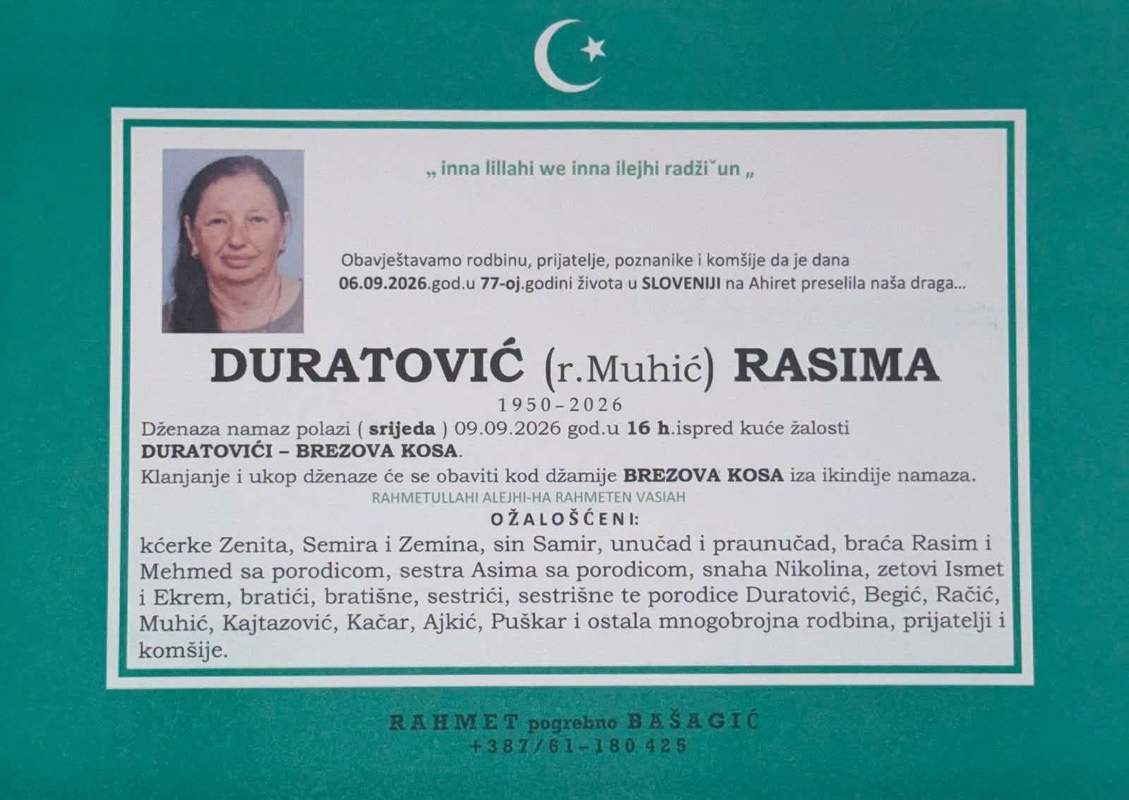S tugom obavještavamo: Na Ahiret preselila DURATOVIĆ (r. Muhić) RASIMA