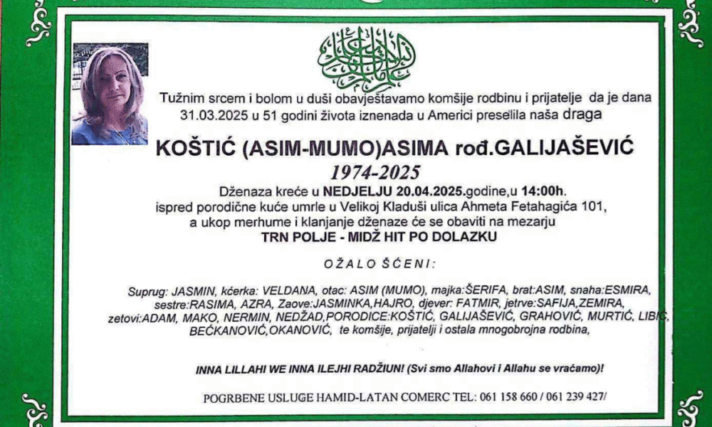 Na ahiret preselila Ko&scaron;tić (rođ. Galija&scaron;ević) Asima