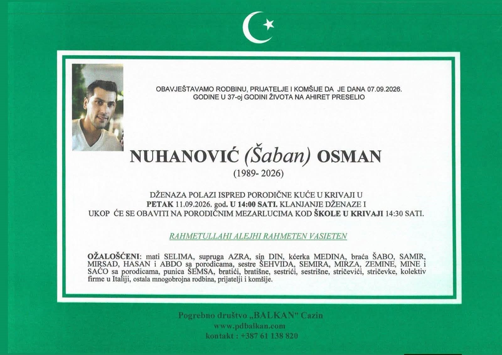 S tugom obavje&scaron;tavamo: Na Ahiret preselio Nuhanović (&Scaron;aban) Osman