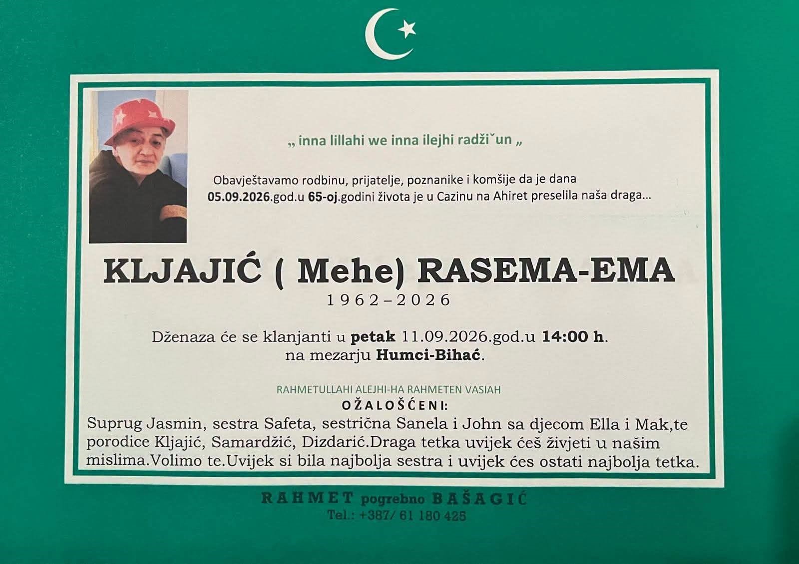 S tugom obavje&scaron;tavamo: Na Ahiret preselila Kljajić (Mehe) Rasema-Ema
