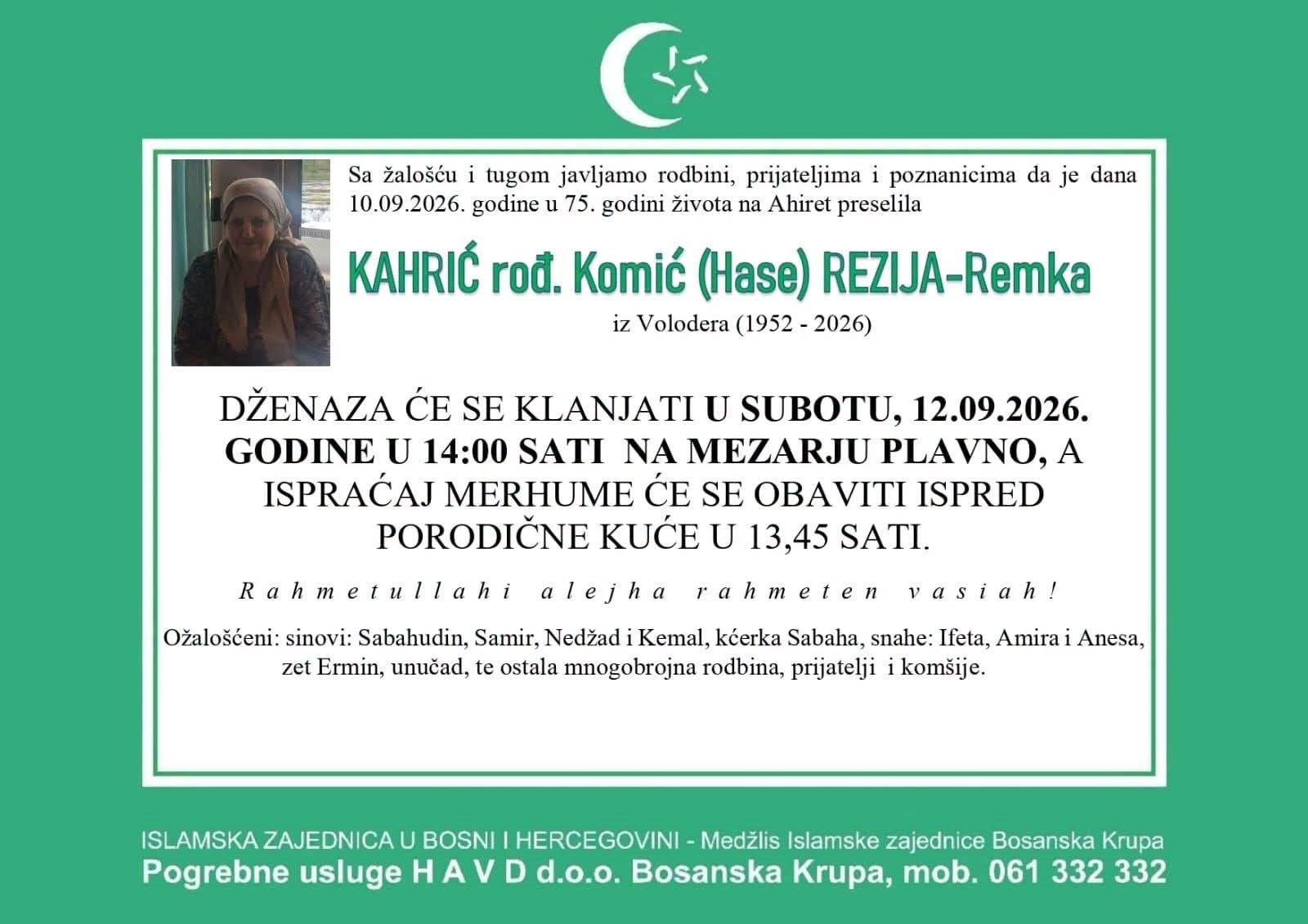 S tugom obavje&scaron;tavamo: Na Ahiret preselila KAHRIĆ rođ. Komić (Hase) REZIJA-Remka