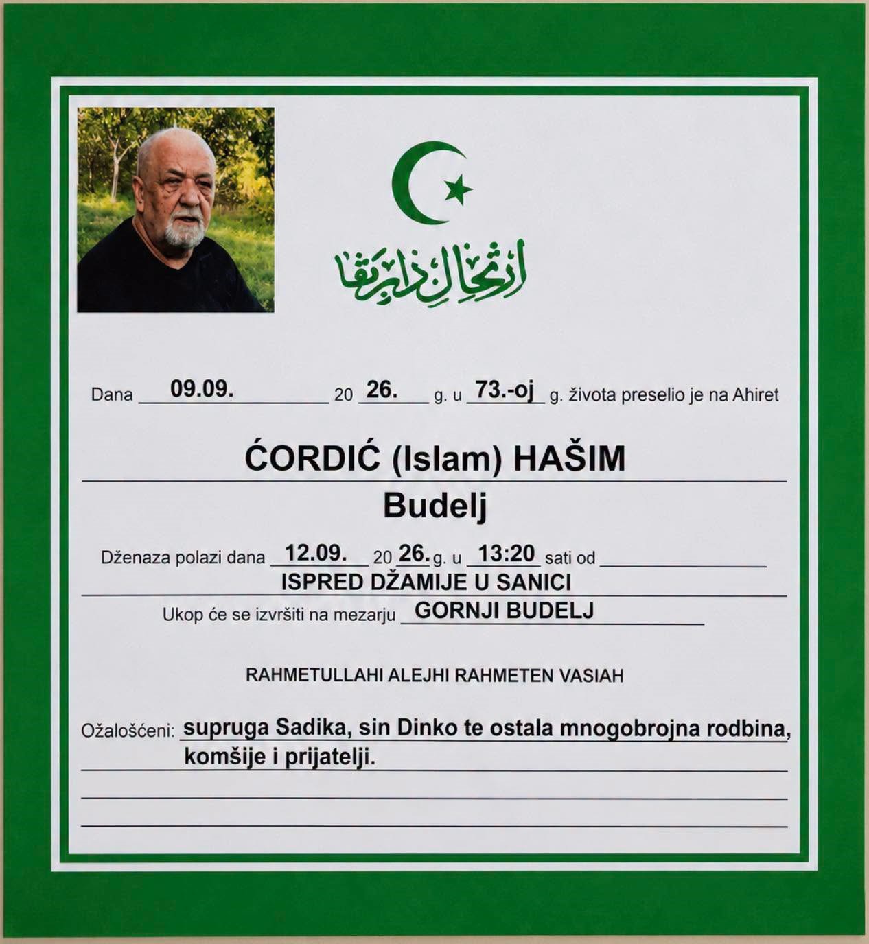 S tugom obavje&scaron;tavamo: Na Ahiret preselio Ćordić (Islam) Ha&scaron;im