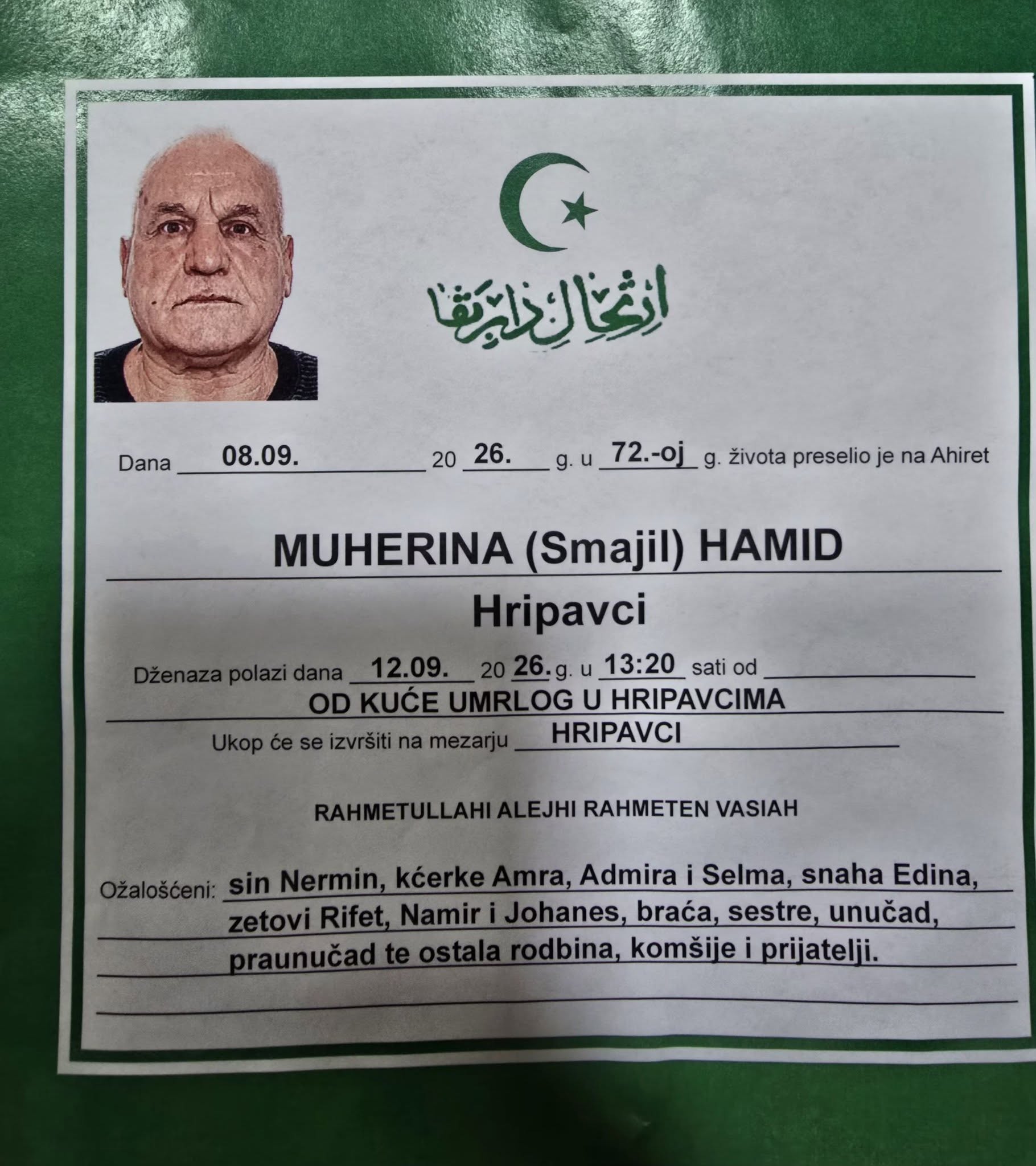 S tugom obavje&scaron;tavamo: Na Ahiret preselio Muherina (Smajil) Hamid