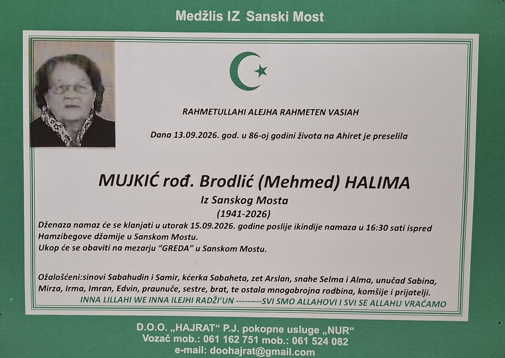 S tugom obavje&scaron;tavamo: Na Ahiret preselila Mujkić rođ. Brodlić (Mehmed) Halima