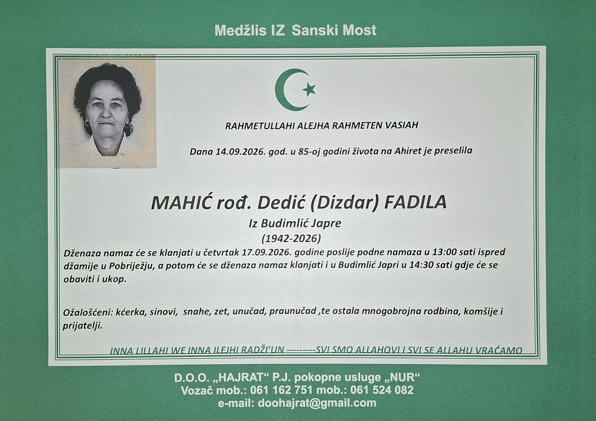 S tugom obavje&scaron;tavamo: Na Ahiret preselila Mahić rođ. Dedić (Dizdar) Fadila