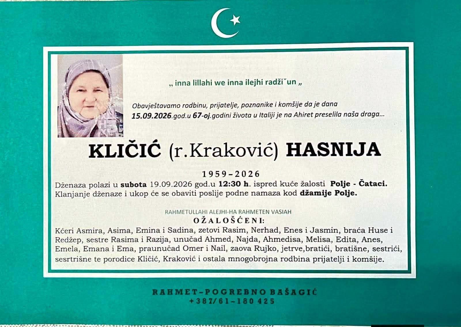 Na Ahiret preselila KLIČIĆ (r.Kraković) HASNIJA