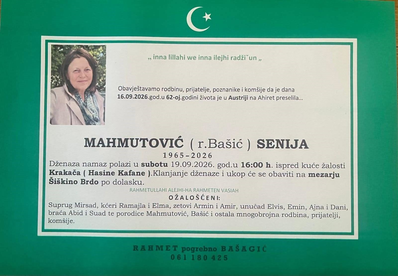 S tugom obavje&scaron;tavamo: Na Ahiret preselila Mahmutović (r. Ba&scaron;ić) Senija