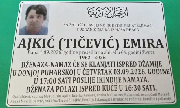 S tugom obavje&scaron;tavamo: Na Ahiret preselila Ajkić (Tićević) Emira