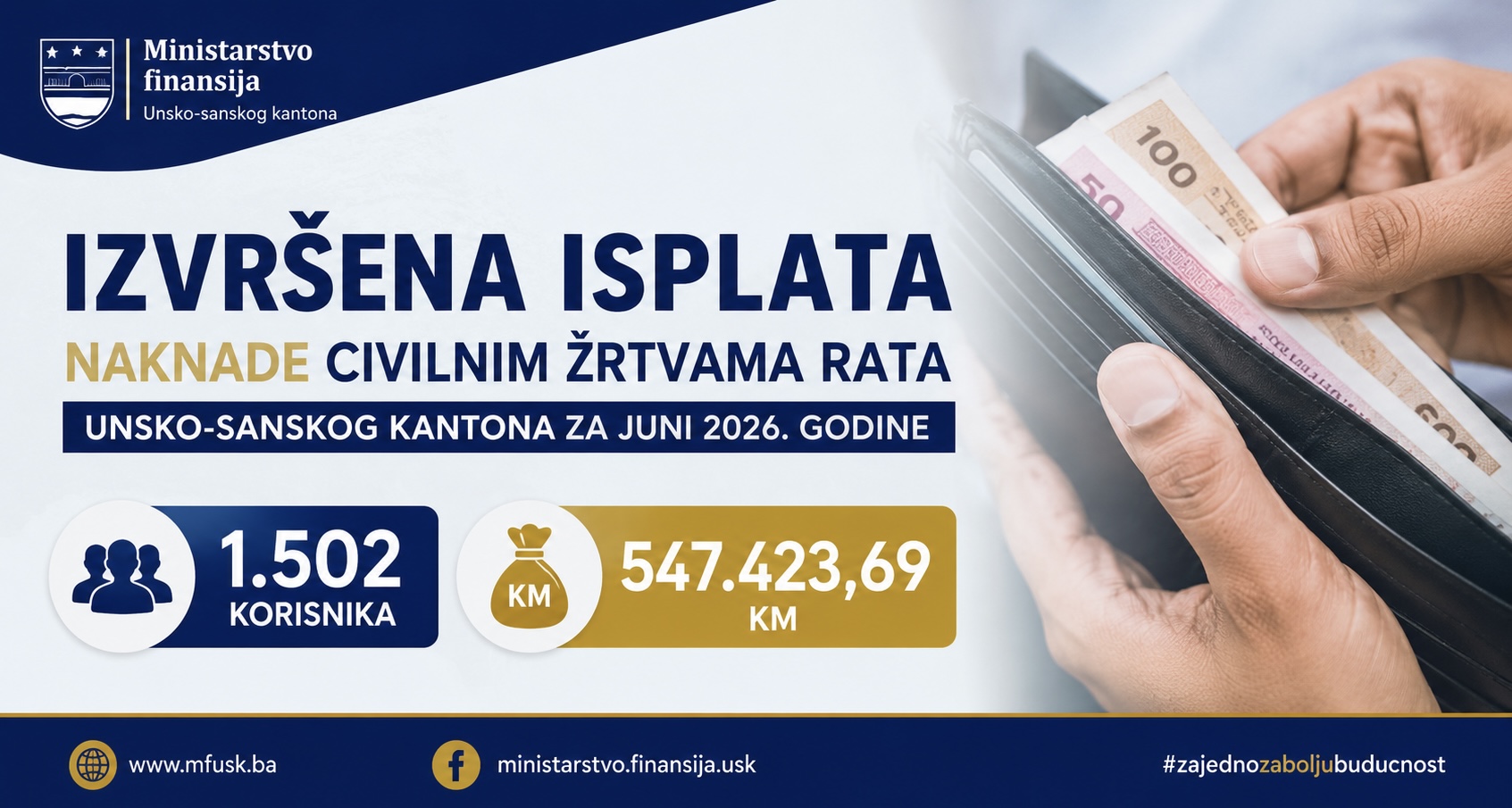 Ministarstvo finansija USK realizovalo isplatu naknada civilnim žrtvama rata za juni 2026. godine