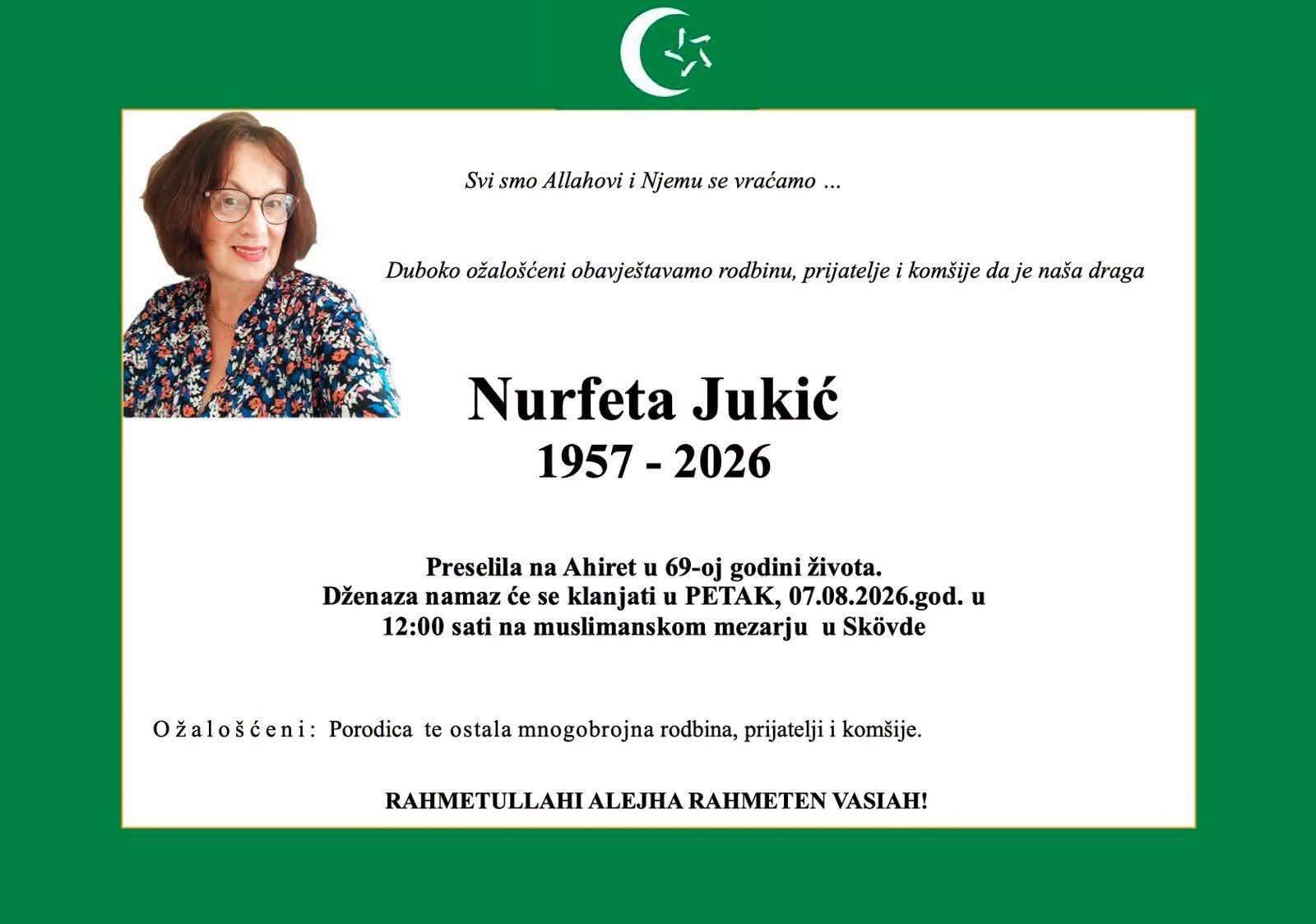 S tugom obavje&scaron;tavamo: Na Ahiret preselila Nurfeta Jukić