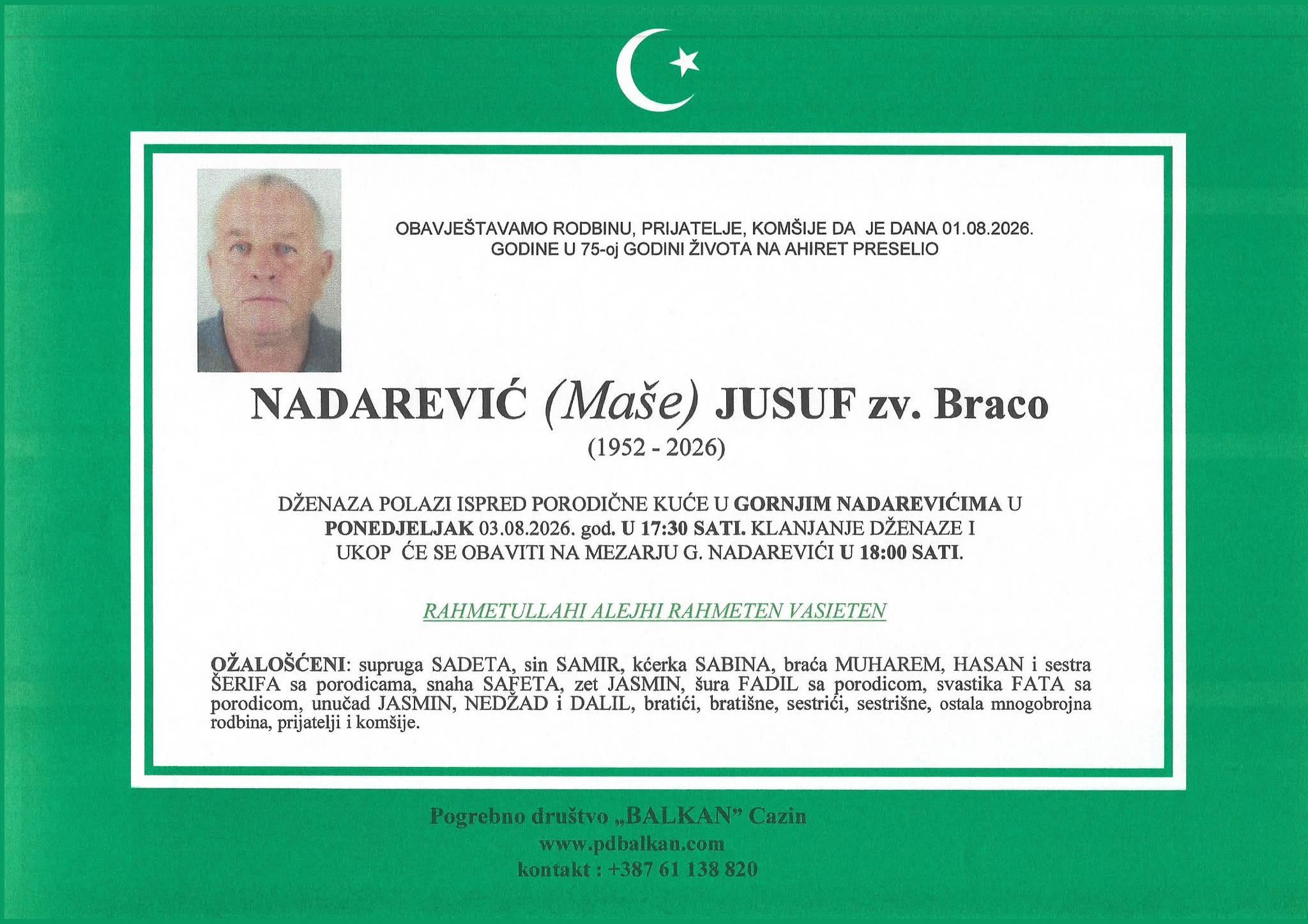 Na Ahiret preselio Nadarević (Ma&scaron;e) Jusuf zv. Braco