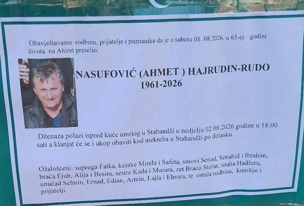 S tugom obavje&scaron;tavamo: Na Ahiret preselio Nasufović (Ahmet) Hajrudin