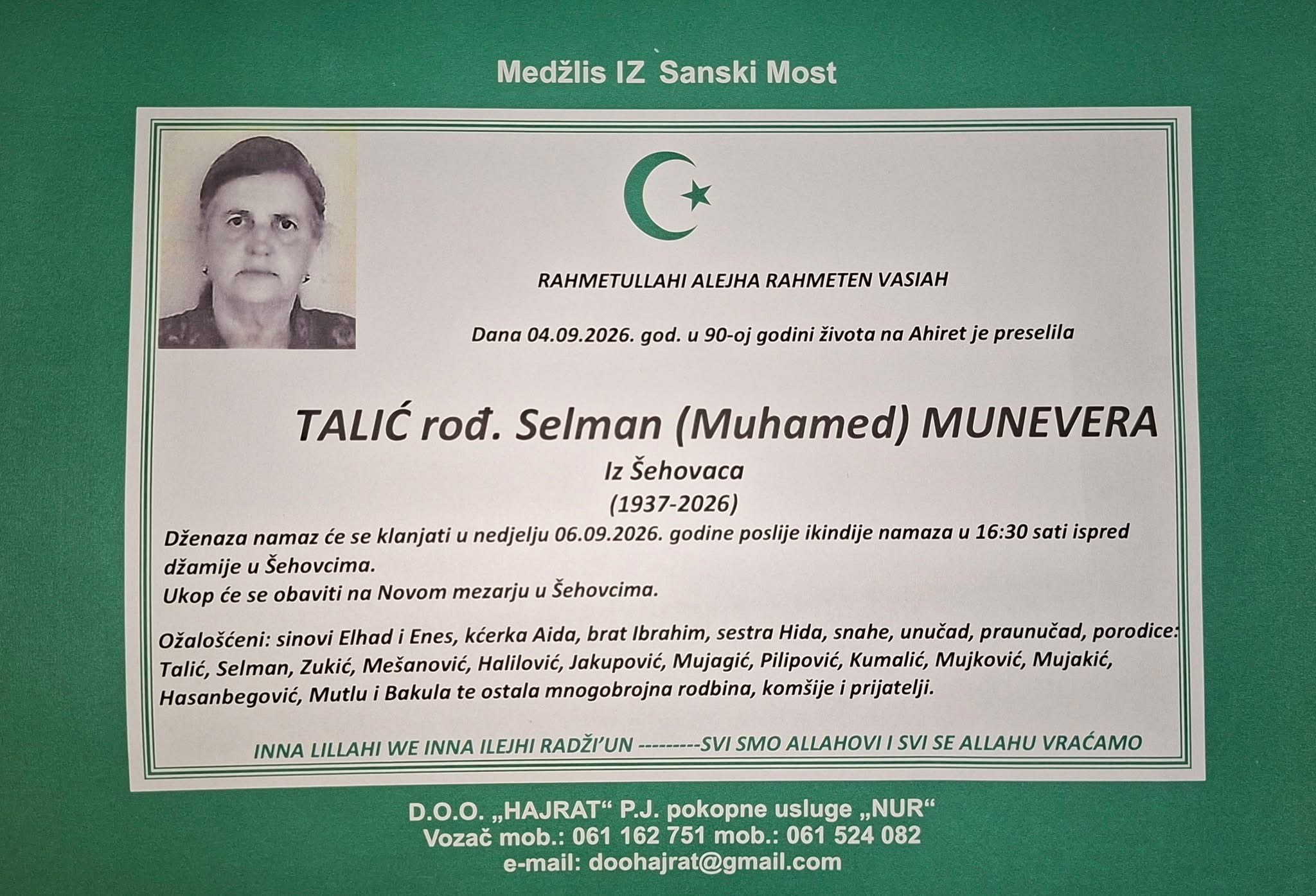S tugom obavje&scaron;tavamo: Na Ahiret preselila Talić rođ. Selman Munevera