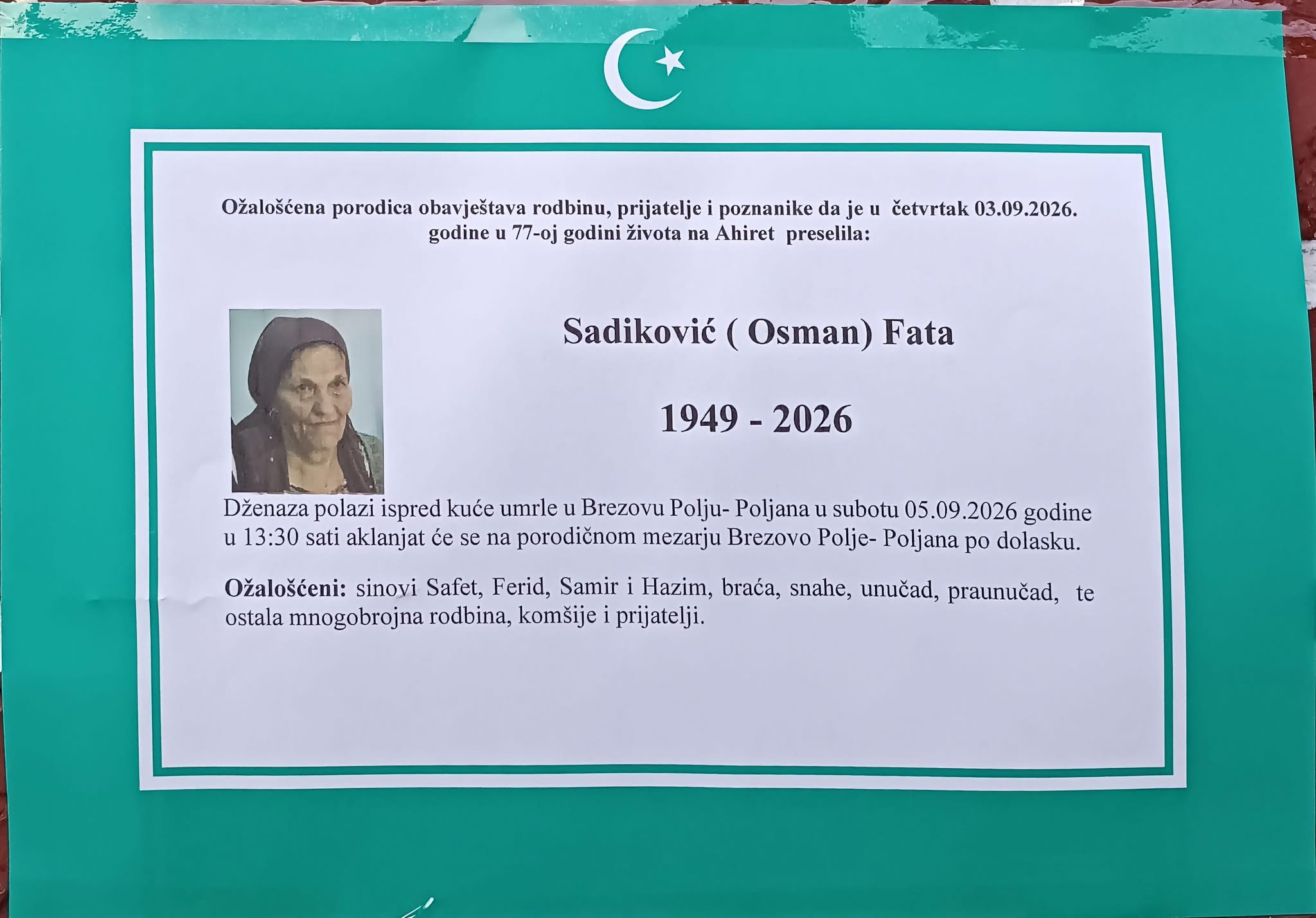 S tugom obavje&scaron;tavamo: Na Ahiret preselila Sadiković (Osman) Fata