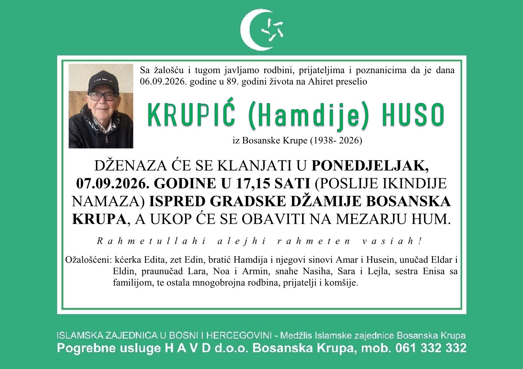 S tugom obavje&scaron;tavamo: Na Ahiret preselio Krupić (Hamdije) Huso