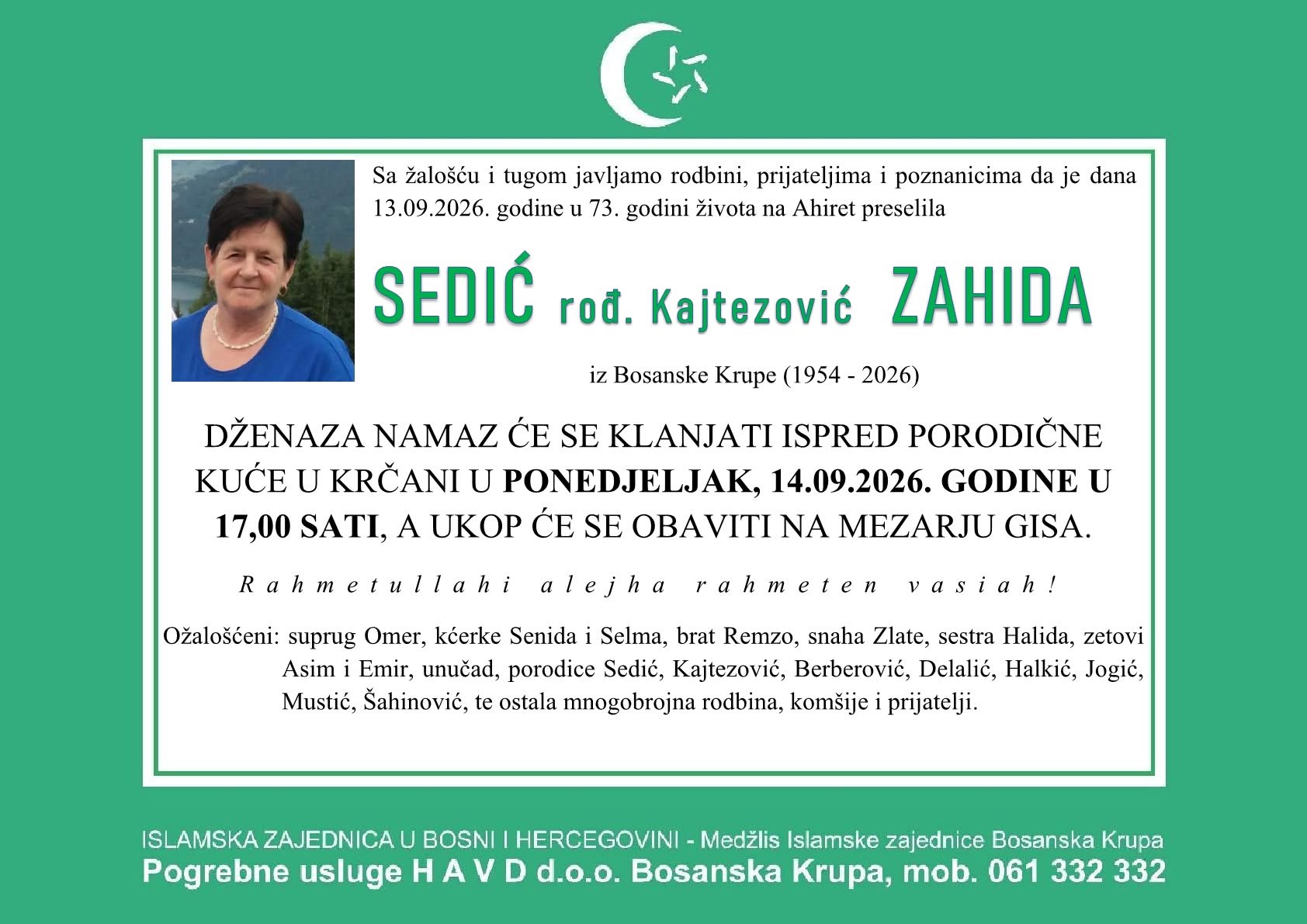 S tugom obavje&scaron;tavamo: Na Ahiret preselila Sedić rođ. Kajtezović Zahida