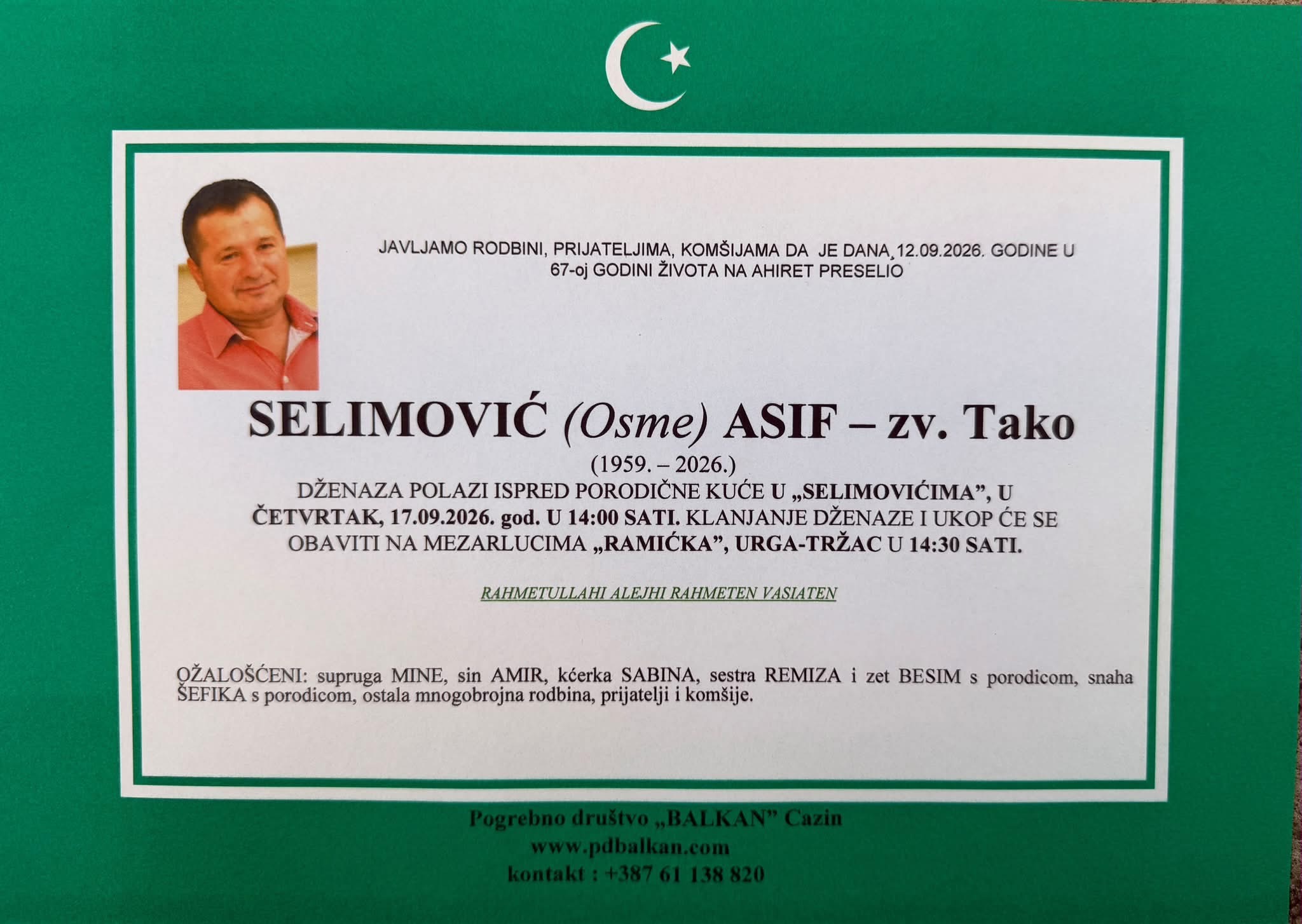 S tugom obavje&scaron;tavamo: Na Ahiret preselio Selimović (Osme) Asif &ndash; zv. Tako