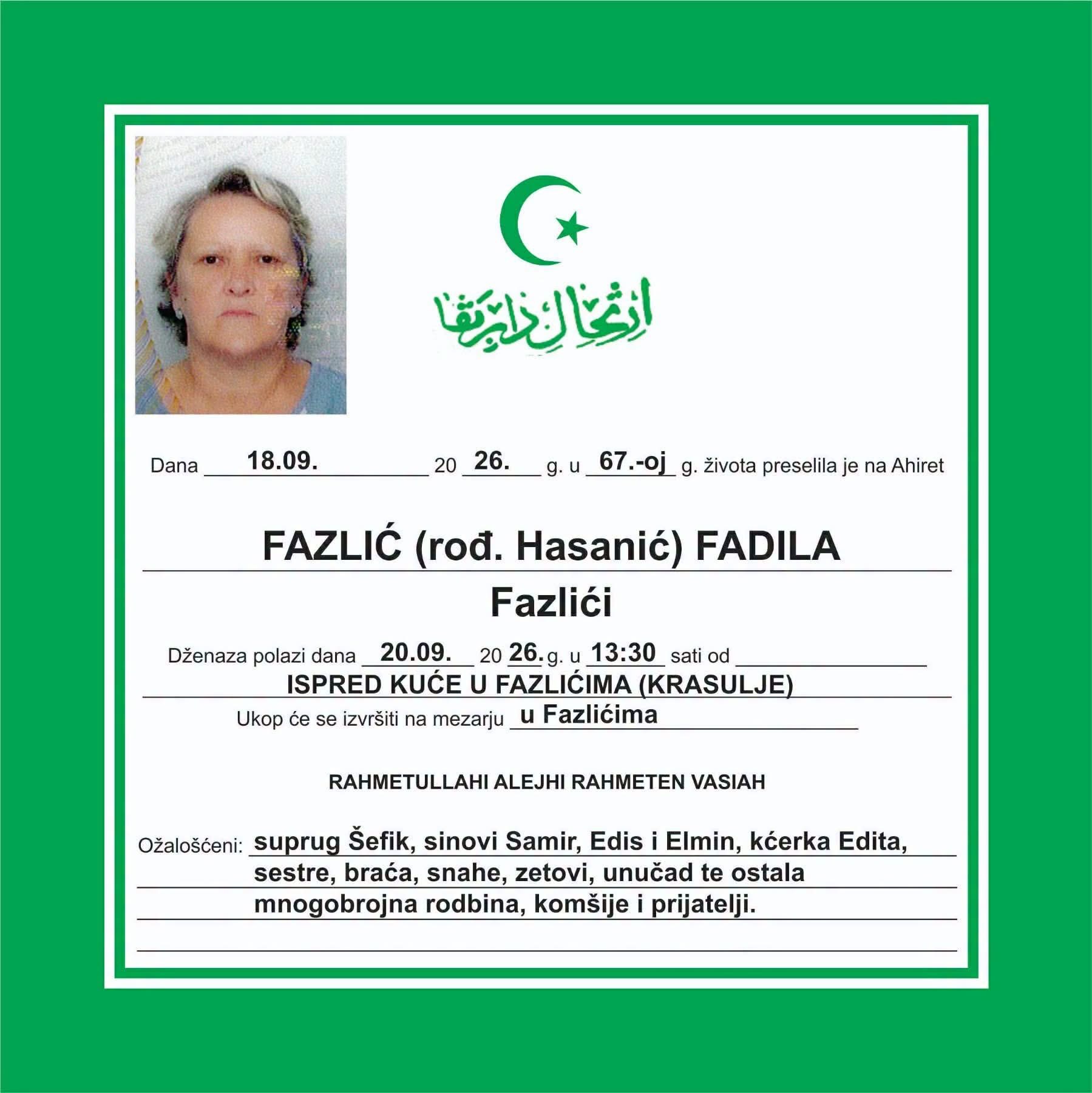 S tugom obavje&scaron;tavamo: Na Ahiret preselila Fazlić (rođ. Hasanić) Fadila