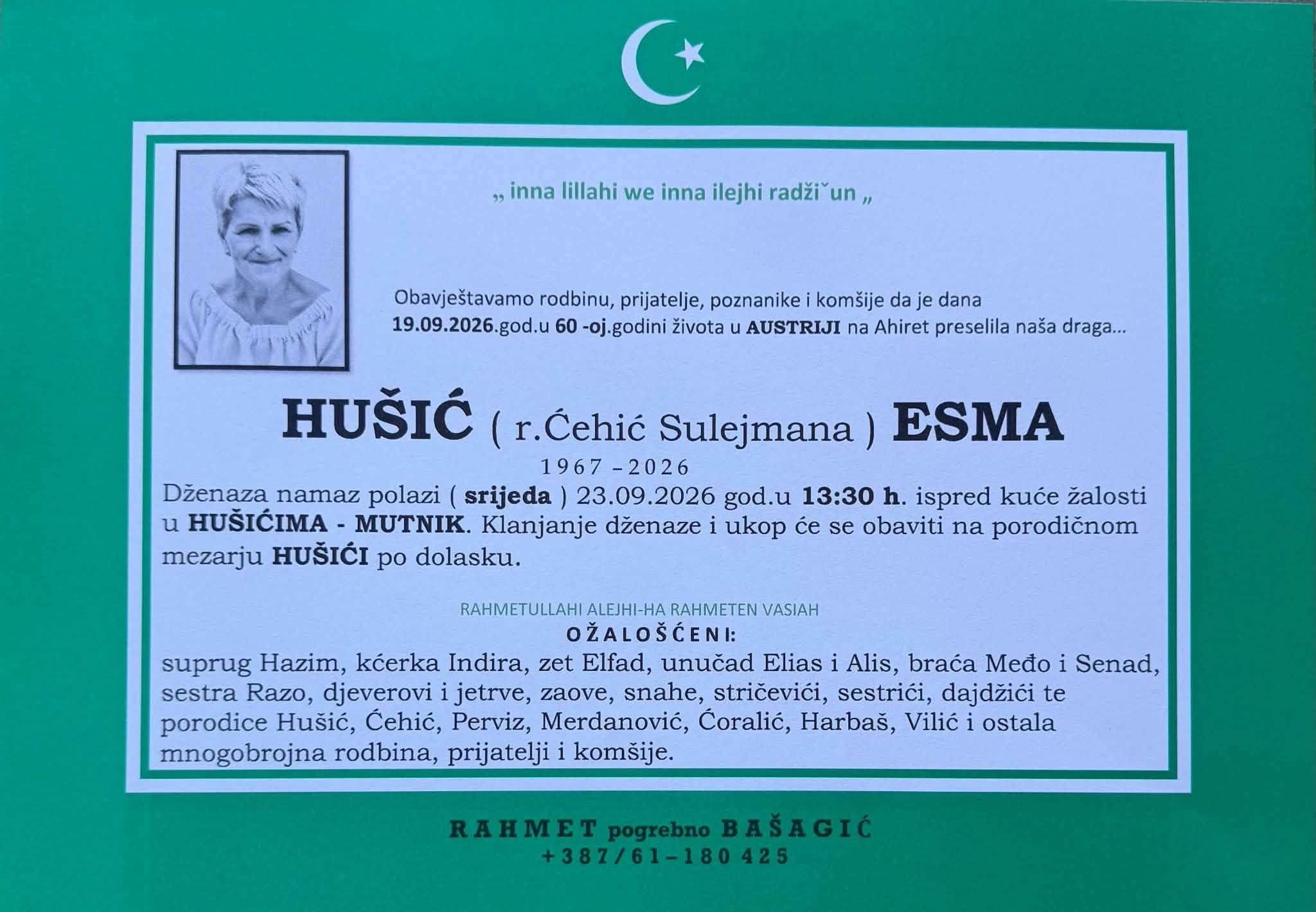S tugom obavje&scaron;tavamo: Na Ahiret preselila Hu&scaron;ić (r. Ćehić Sulejmana) Esma