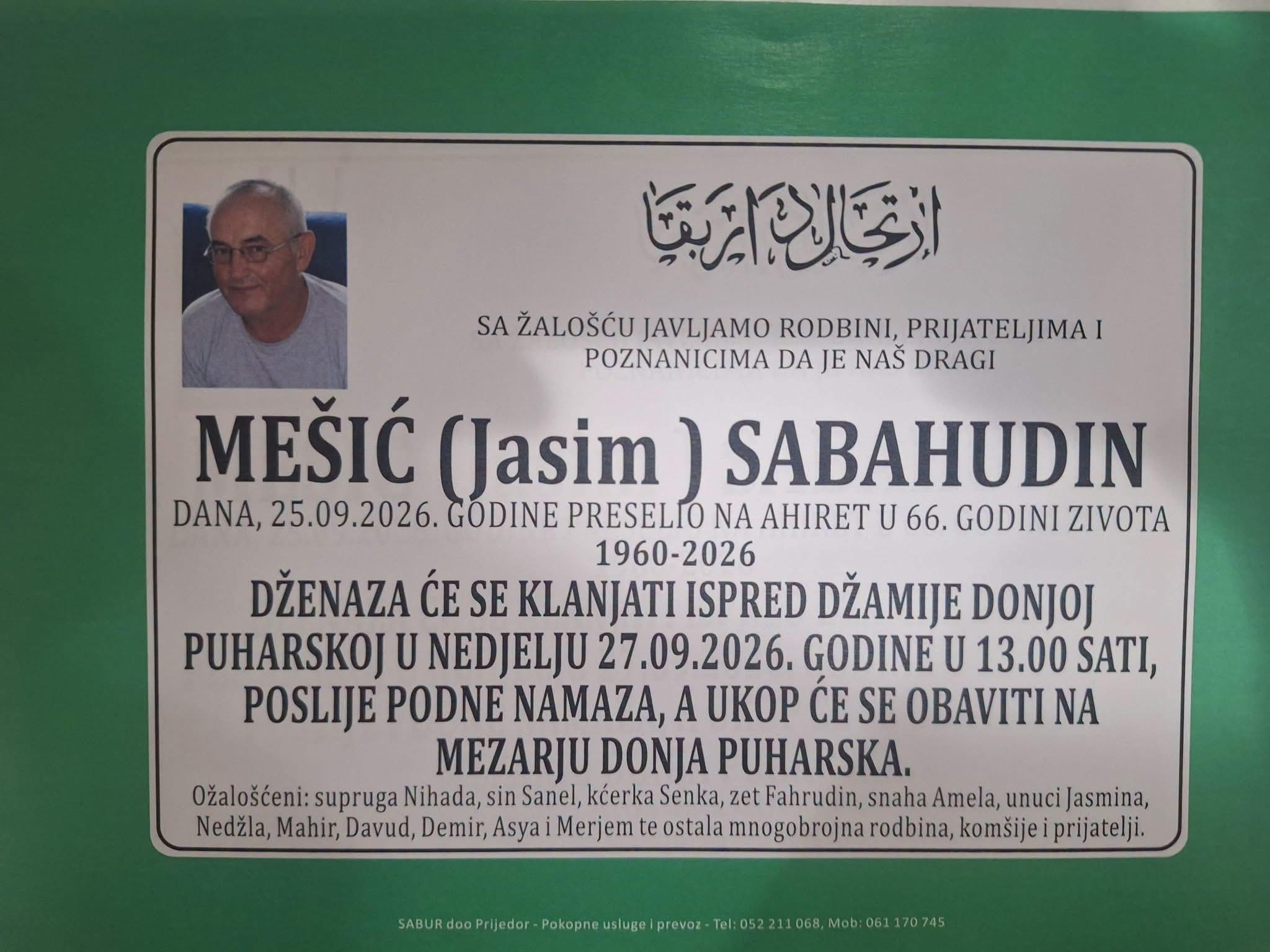 S tugom obavje&scaron;tavamo: Na Ahiret preselio Me&scaron;ić (Jasim) Sabahudin