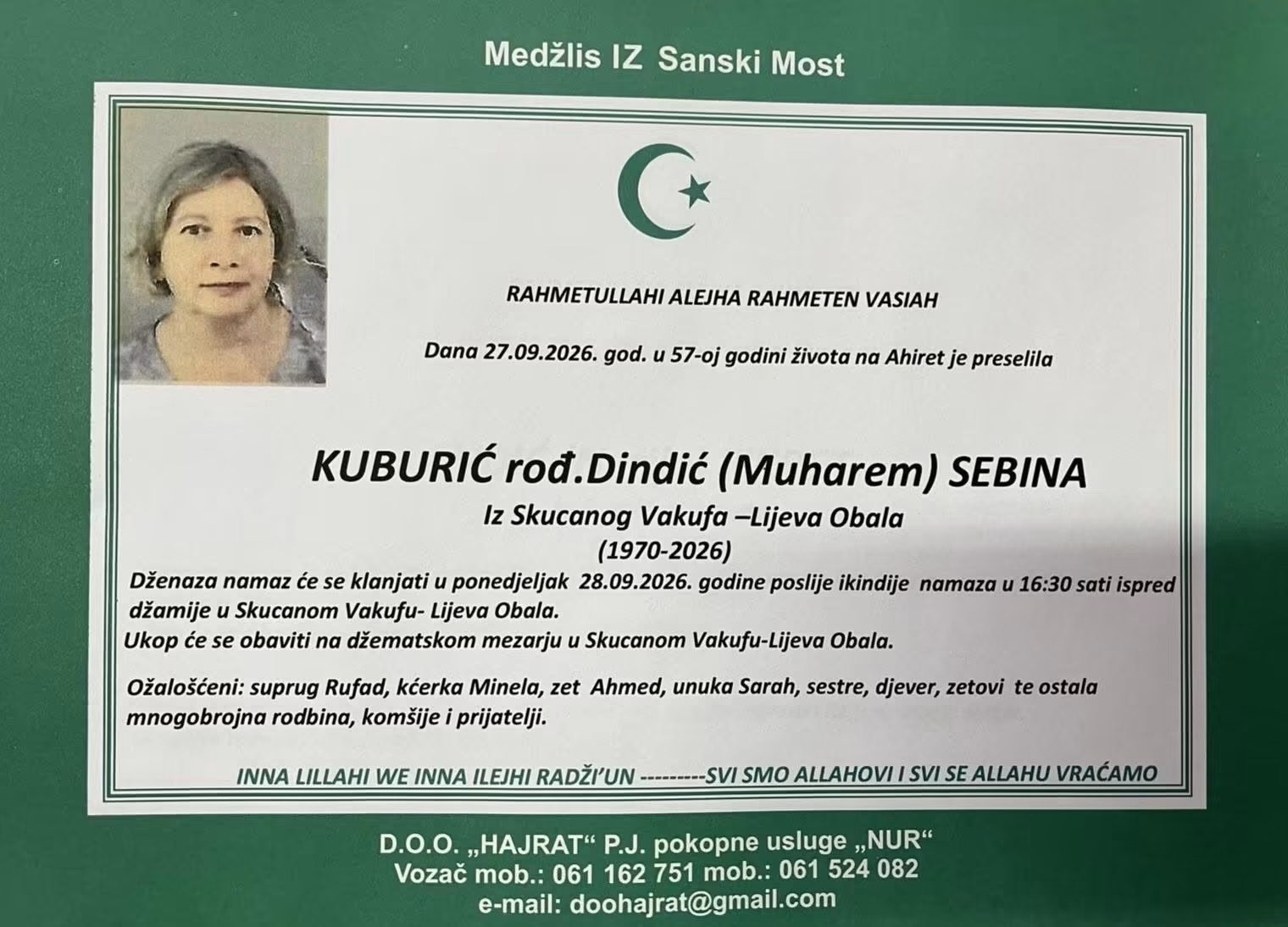 S tugom obavje&scaron;tavamo: Na Ahiret preselila Kuburić rođ. Dindić (Muharem) Sebina