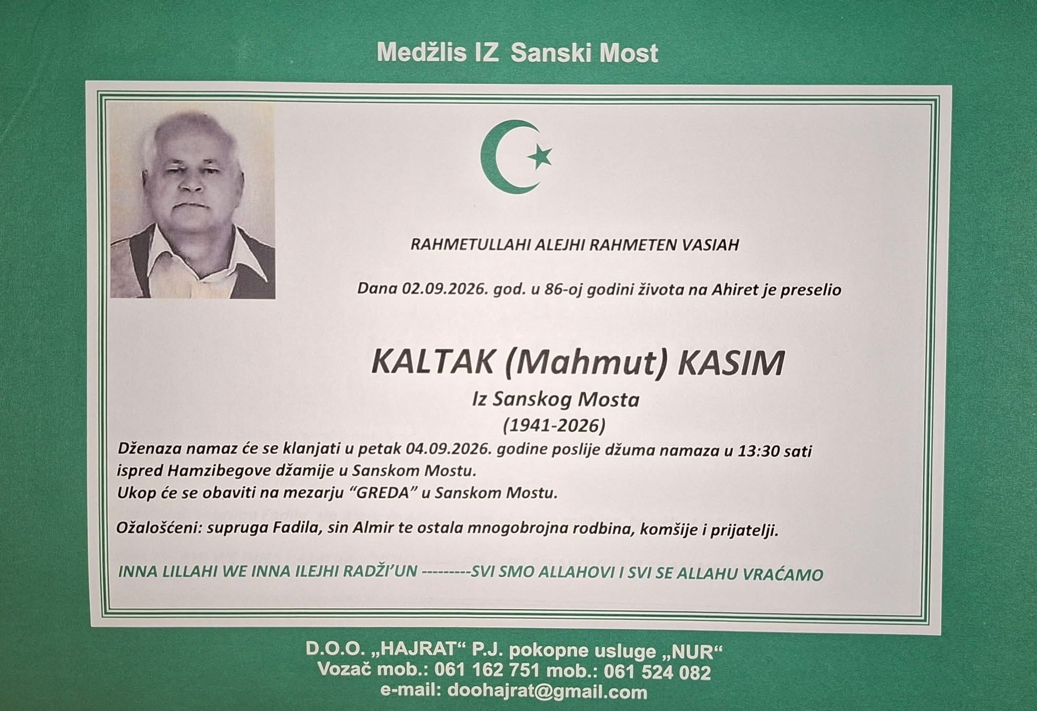 S tugom obavje&scaron;tavamo: Na Ahiret preselio Kaltak (Mahmut) Kasim