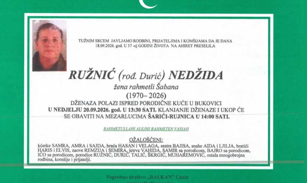 S tugom obavje&scaron;tavamo: Na Ahiret preselila Ružnić (rođ. Durić) Nedžida