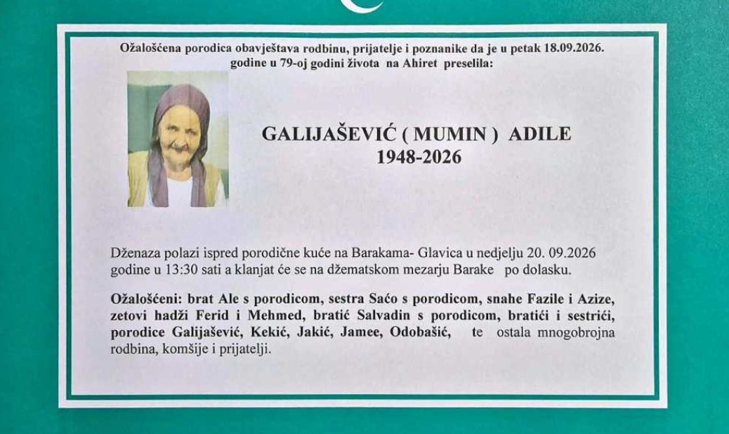 S tugom obavje&scaron;tavamo: Na Ahiret preselila Galija&scaron;ević (Mumin) Adile