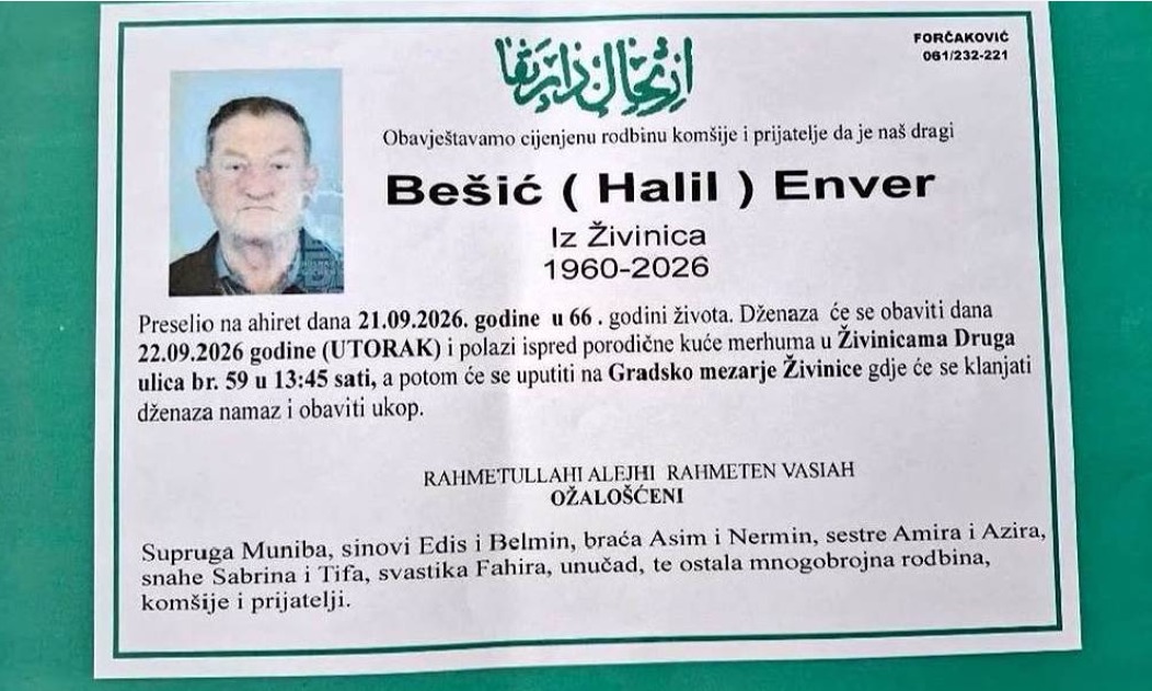 S tugom obavje&scaron;tavamo: Na Ahiret preselio Be&scaron;ić (Halil) Enver