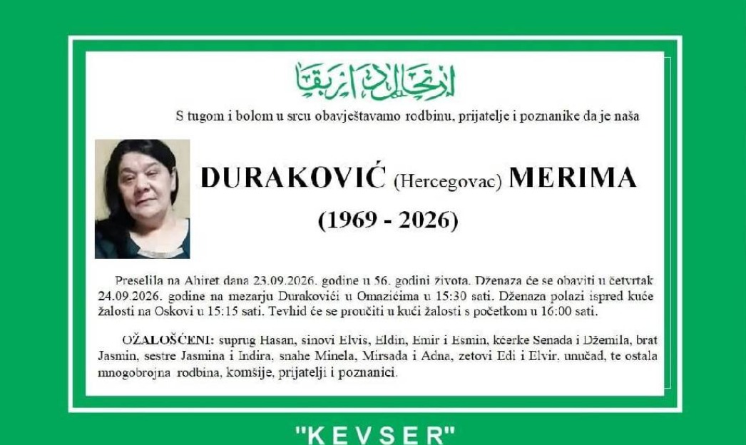 S tugom obavje&scaron;tavamo: Na Ahiret preselila Duraković (Hercegovac) Merima