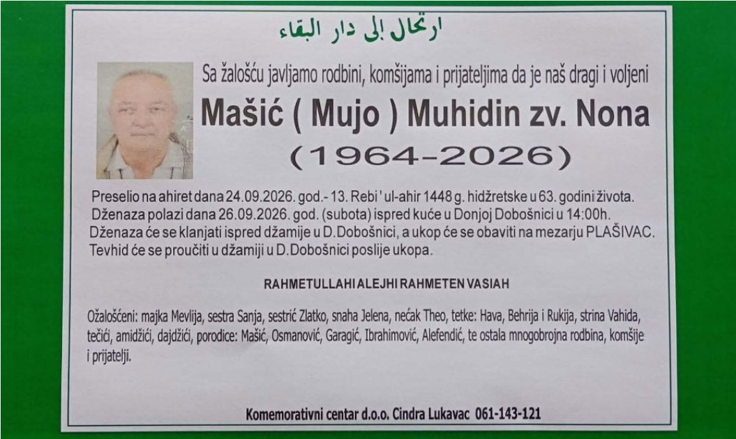 S tugom obavje&scaron;tavamo: Na Ahiret preselio Ma&scaron;ić (Mujo) Muhidin zv. Nona