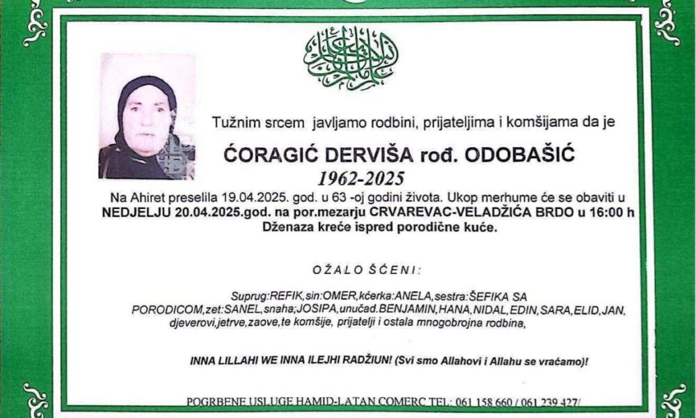 Na ahiret preselila Ćoragić (rođ. Odoba&scaron;ić) Dervi&scaron;a