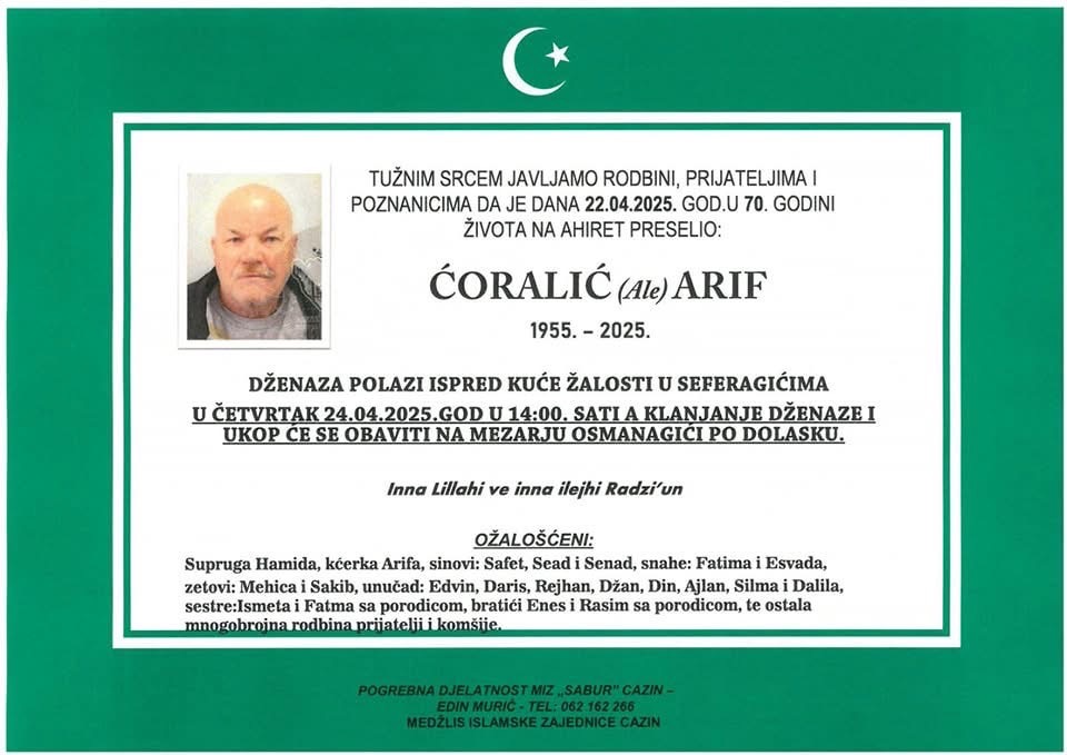 Obavijest o dzenazi Coralic Arif