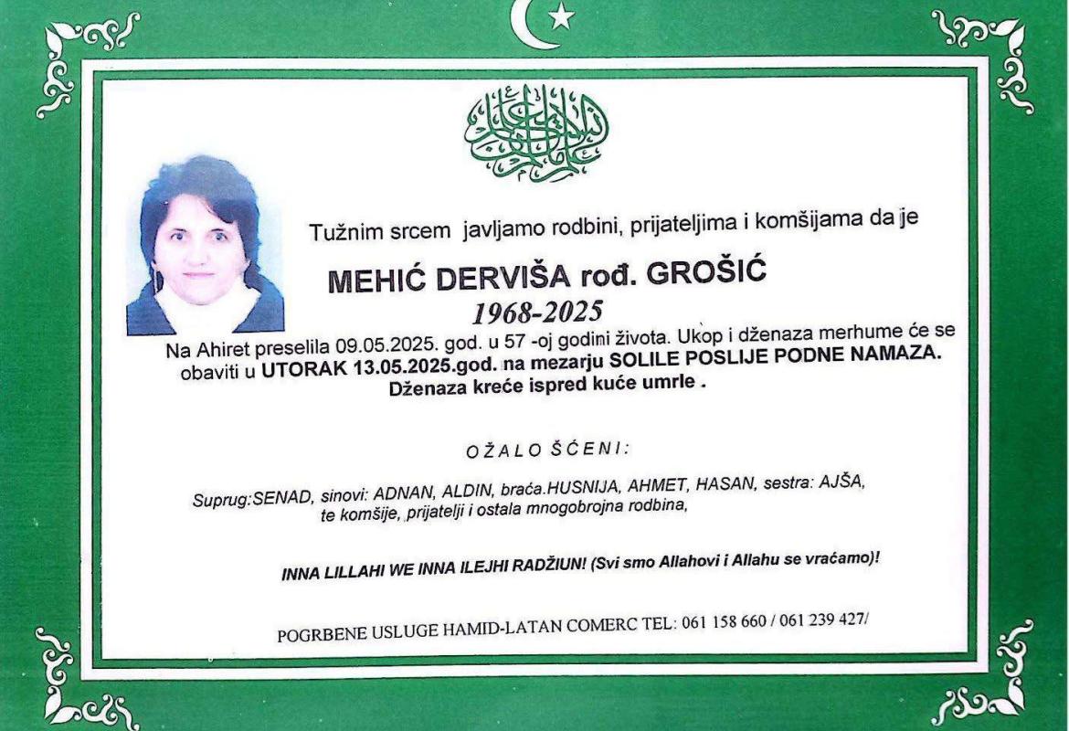 Na Ahiret preselila Mehić Dervi&scaron;a rođ. Gro&scaron;ić