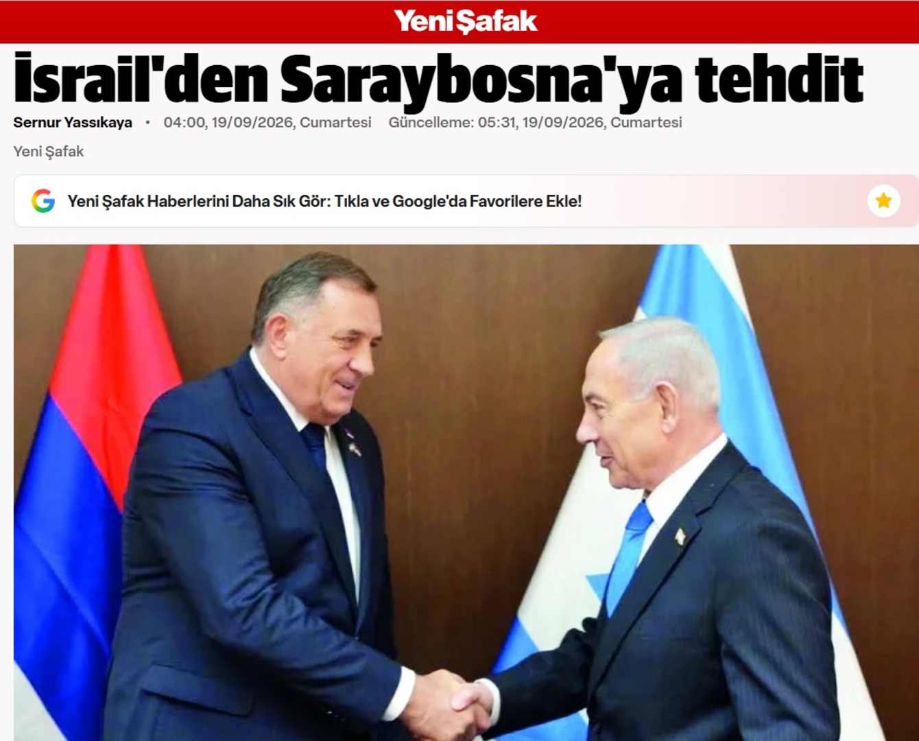 Turski Yeni Şafak sastanak Dodika i Netanyahua nazvao &bdquo;prijetnjom Sarajevu&ldquo; - slika 1
