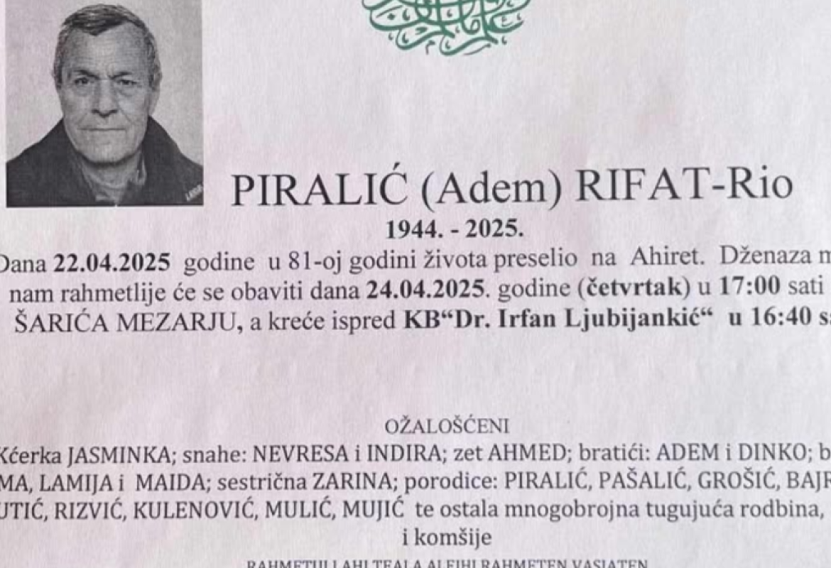Na ahiret preselio Piralić (Adem) Rifat &ndash; Rio