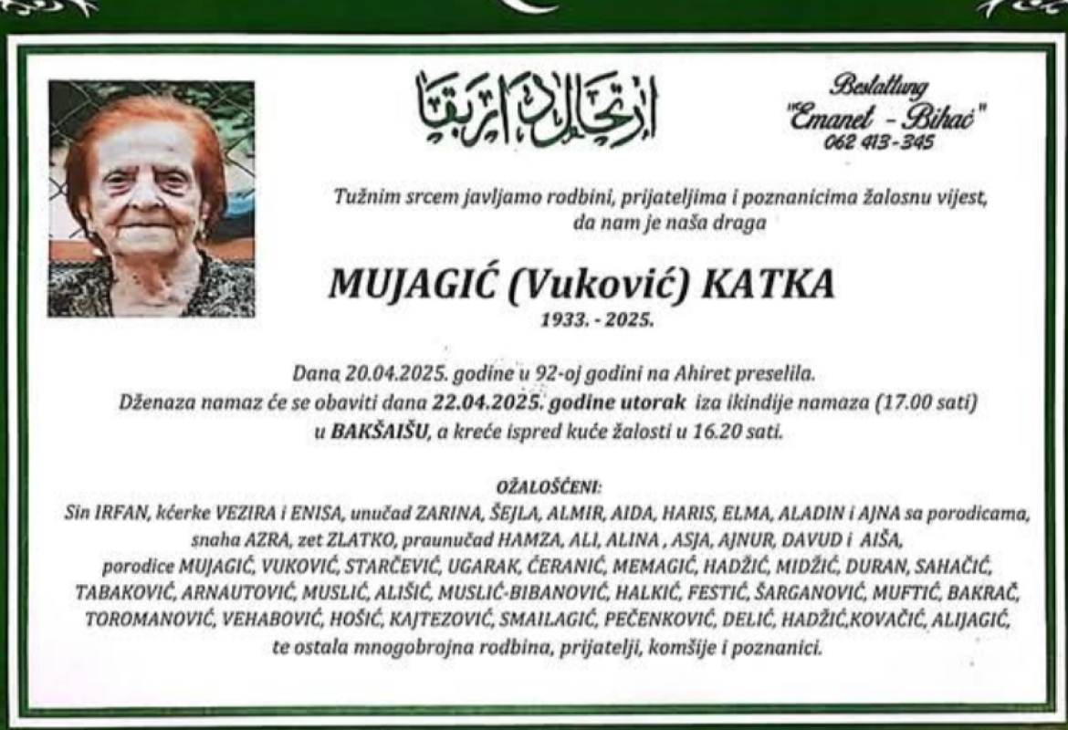 Na ahiret preselila Mujagić (Vuković) Katka